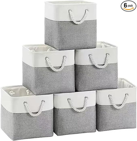 11x11 Inch Cube Storage Bins, 6 Pack Collapsible Fabric Storage Cubes with Rope Handles, Waterproof Foldable Storage Baskets for Cube Shelves, Closet, Clothes, Toys, Books, White & Gray by MSHABOOR