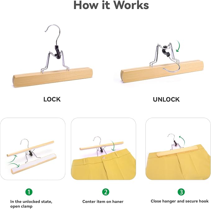 Nature Smile Wooden Pants Skirt Hangers, Smooth Finish Solid Wood Non Slip Jeans Slack Clamp Hangers Hair Extension Hangers(20Pcs Natural)… - Image 3