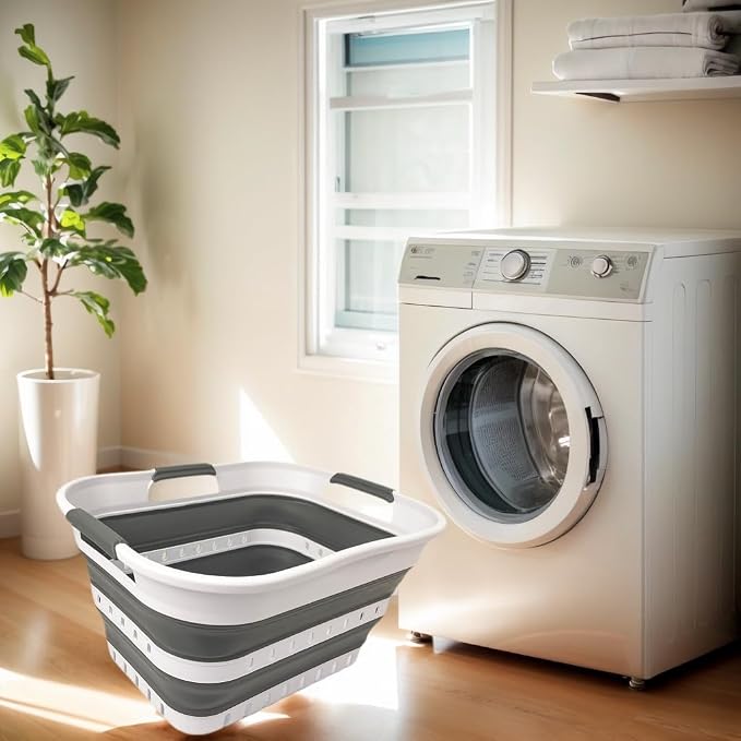 SAMMART Collapsible Plastic Rectangular Laundry Basket - Foldable Pop Up Storage Container/Organizer - Portable Laundry Hamper - Space Saving (White/Steel Grey, 30L) - Image 2