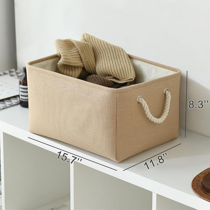 Organization and Storage Bin for Shelves - Large 3 Pack 16x12x8 inch Storage Basket for Organizing, Canves Storage Cubes for Organizer Toy Closet Cloth Gift (Beige) - Image 6