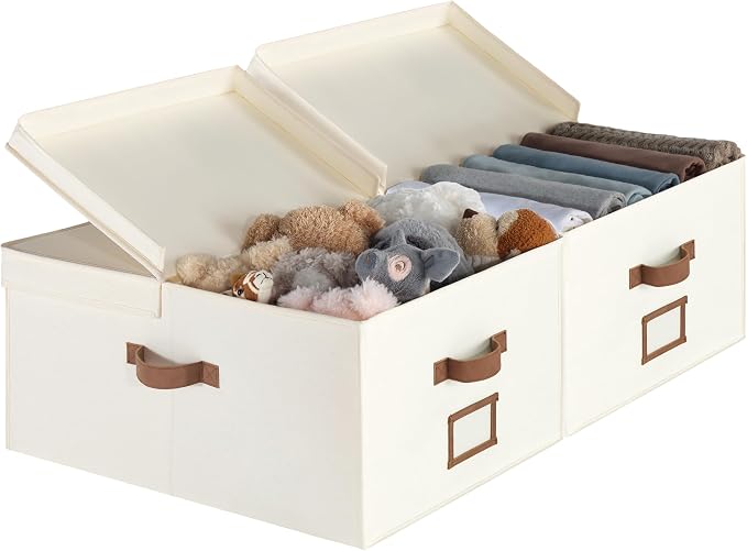 StorageWorks Extra Large Storage Bins with Double-Open Lid, 55L Fabric Baskets with Divider Board, Boxes for Clothes, Linen Closet Organizers with Handles, Ivory White, 2-Pack by StorageWorks