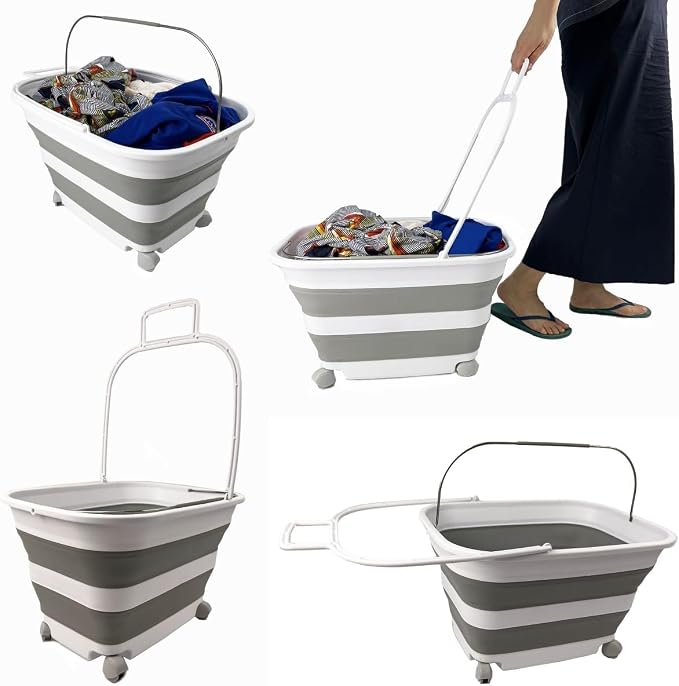 SAMMART 35L (9.24 Gallons) Collapsible Plastic Laundry Basket with Handle and Wheels - Foldable Pop Up Storage Container/Washing Tub - Space Saving (2, White/Grey) - Image 6