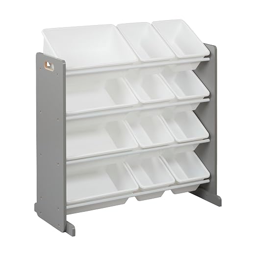 ECR4Kids 4-Tier Organizer with 12 Removable Plastic Bins, 4x3, Toy Storage, Grey/White | Durable plastic bins, MDF panels, steel frame, GREENGUARD Gold Certified, 48 lb capacity, anti-tip kit, playroom/classroom by ECR4Kids