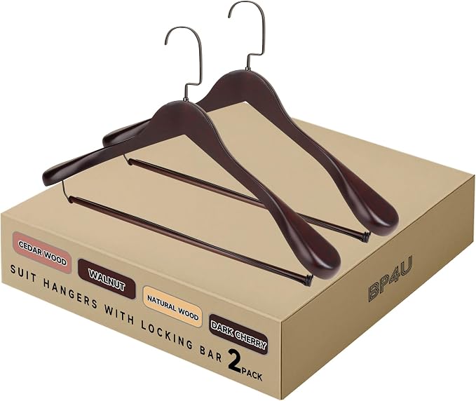 Wide Shoulder Wooden Hangers with Locking Bar, Dark Cherry, 2-Pack | Non-Slip Suit Hangers with Flat-Head Hook for Suits, Jackets, Coats, Shirts, Outerwear and Heavy Clothes by BP4U%E2%84%A2