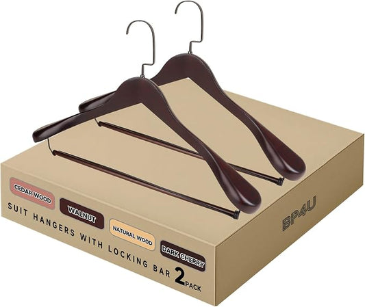 Wide Shoulder Wooden Hangers with Locking Bar, Dark Cherry, 2-Pack | Non-Slip Suit Hangers with Flat-Head Hook for Suits, Jackets, Coats, Shirts, Outerwear and Heavy Clothes by BP4U%E2%84%A2