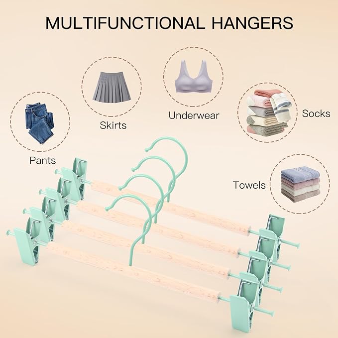 Wooden Pants Hangers with Clips 12 Pack, Heavy Duty Adjustable Clip Non Slip Skirt Hanger for Jeans, Trousers, Short, Clothes, Space Saving Closet Organizer (Green, 12 Pack) - Image 6