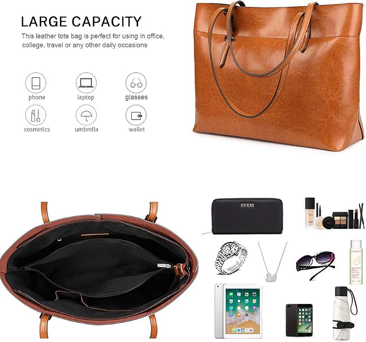 Kattee Vintage Genuine Leather Tote Shoulder Bag for Women | Genuine leather tote with adjustable straps, 7 pockets, and room for a 14-inch laptop, ideal for work and travel. - Image 4