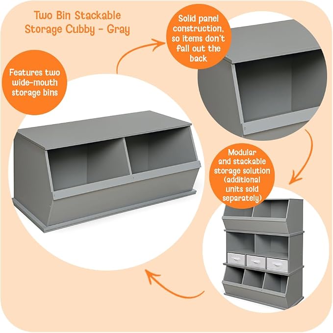 Badger Basket Two Bin Stackable Toy Storage Cubby Organizer – Modular Storage for Toys, Books, and Crafts – Solid Wood Panel – Gray - Image 2