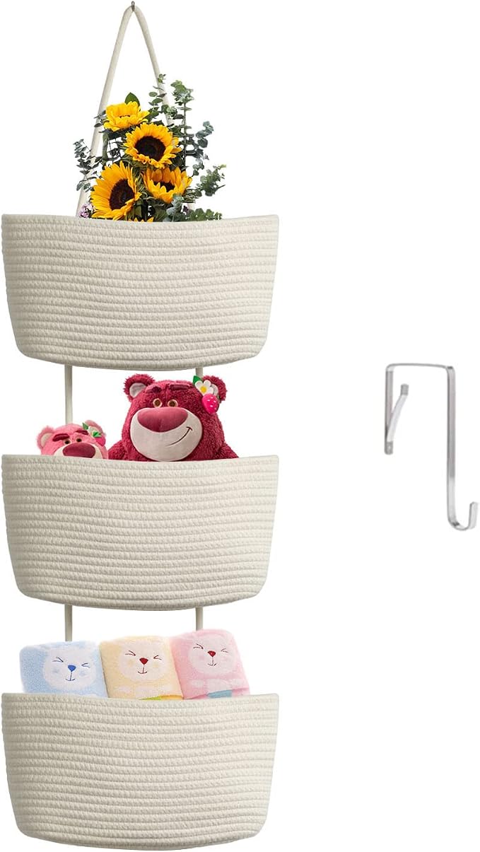 TeoKJ Over the Door Hanging Basket, 3-Tier Woven Cotton Wall-Mounted Storage Organizer Bag Decorative Hanging Nursery Baskets, White by TeoKJ