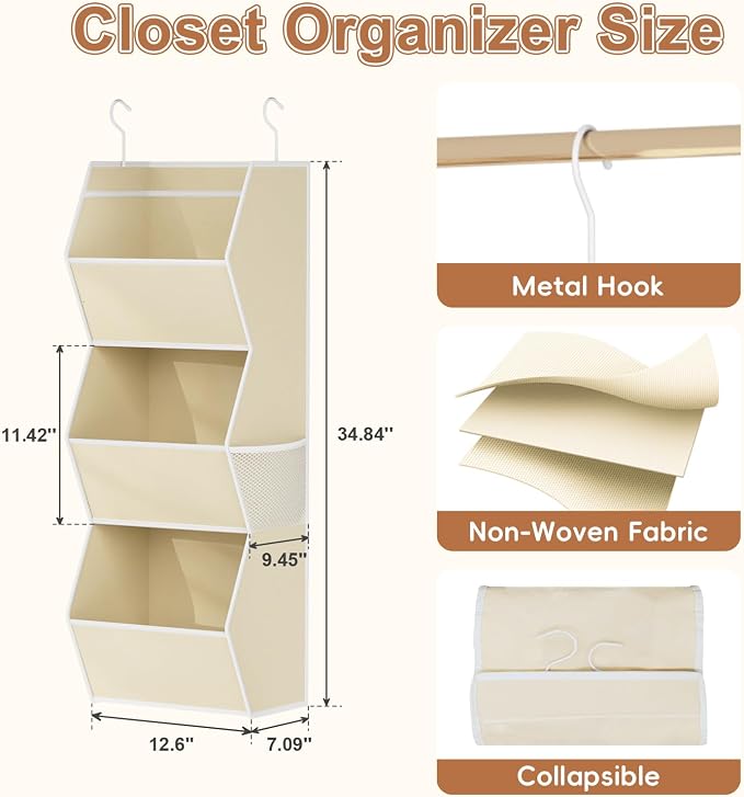 Hanging Closet Organizers and Storage for Kids Room Organization, 3 Tiers | Hanging Closet Shelves for Underwear Swimsuit Storage, Hanging RV Closet Organizers and Storage Camper Closet Organizer Beige - Image 3