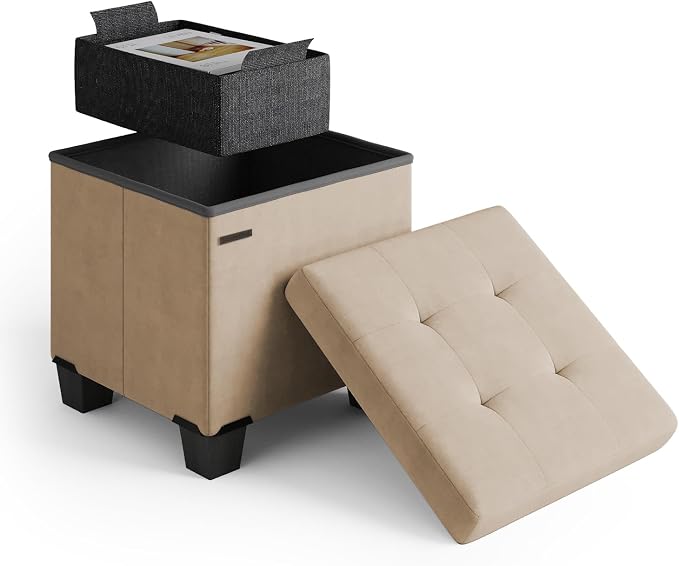 Storage Ottoman Cube with Small Bin, 15-in Square Ottoman with Storage for Living Room and Bedroom, Small Ottomans Foot Rest, Velvet Foot Stools Ottomans Max 330lbs, Taupe by STORAGEBUD