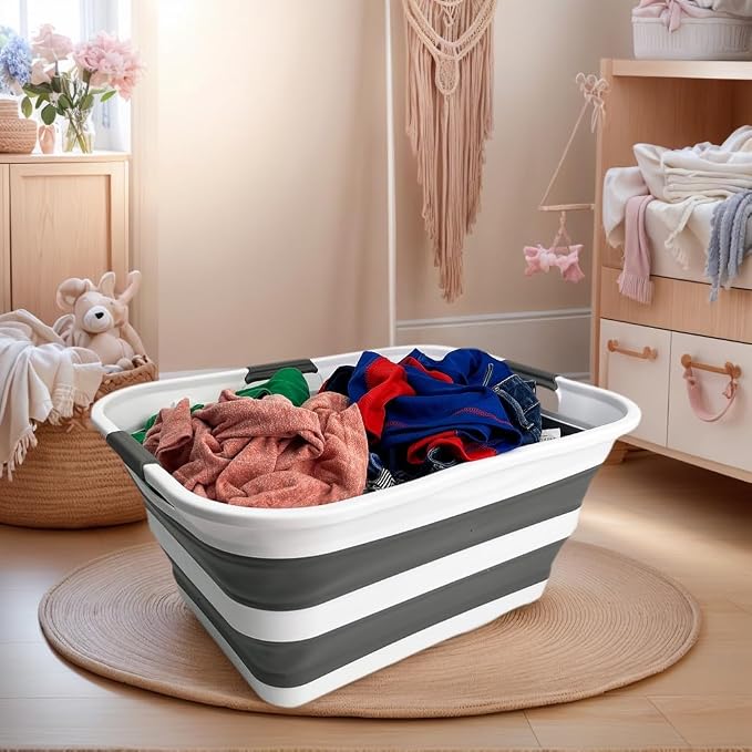 SAMMART Set of 2 Collapsible Plastic Laundry Basket/Organizer-Washing Tub-Foldable Pop Up Storage Container-Space Saving/Portable Hamper. Ideal for Home, Travel, Dorm & Camping (White/Steel Grey, 42L) - Image 4