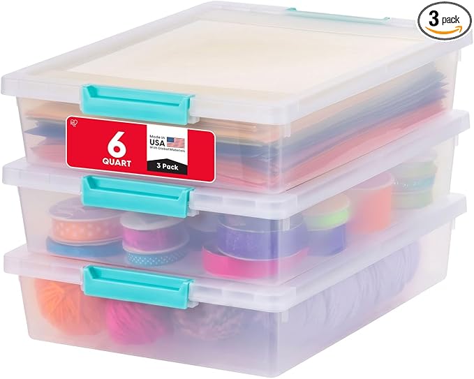 IRIS USA Storage Bins with Lids |Made in USA| 6 Qt - (3-Pack) - Clear | Sensory Craft Organizers, Plastic Clip Box Totes, Flat Containers for Organizing Paper, Office, Art & Study Supplies by IRISUSA