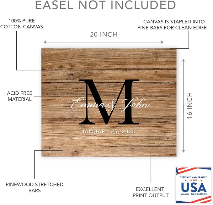 Andaz Press Custom Large Canvas Wedding Guest Book Alternative, 16 x 20 Inches, Rustic Wood Monogram Horizontal Personalized Sign Our Canvas Guest Book Signs For Wedding Rustic Woodland Theme - Image 2