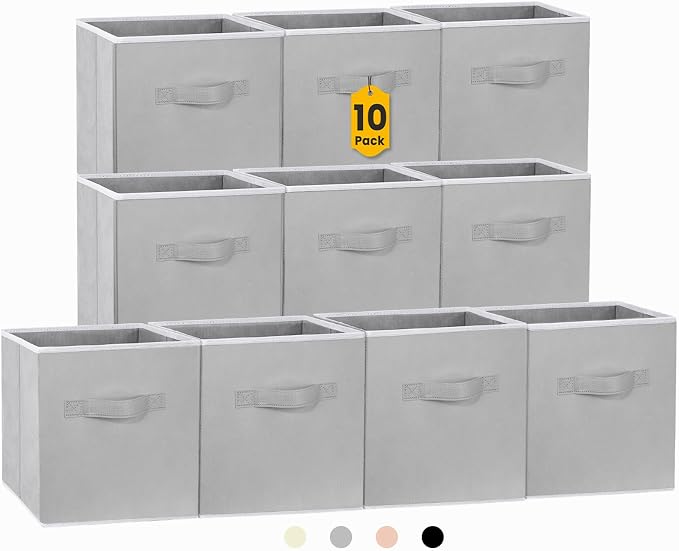 Storage Cubes, 11 Inch Cube Storage Bins for Shelves (10 Pack), Fabric Collapsible Storage Bins with Dual Handles, Foldable Cube Baskets for Magazines, Closet Organizers and Storage Box (Grey) by Criusia