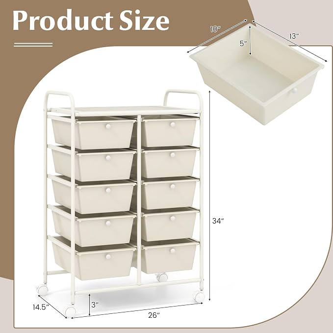 RELAX4LIFE 10 Drawer Storage Cart - Ivory Metal Frame Rolling Art Cart Organizer with Lockable Wheels, Utility Cart for Crafting Storage, Office, Home, School - Image 3