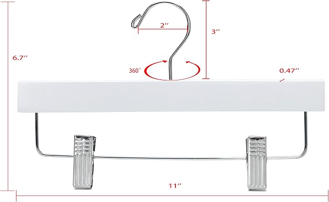 Quality 11 Inches Kids Wooden Pants Hangers 20 Pack - Skirt Hangers with Adjustable Metal Clips 360° Swivel Chrome Hook & Nonslip Notches- Ideal for Clothes Size 8 and Smaller (White, 20) - Image 5