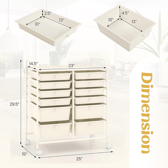12 Drawer Rolling Storage Cart, Craft Cart Organizer on Wheels w/Metal Frame, Large Capacity & Smooth Drawer, Rolling Cart w/Drawers for Classroom, Office - Image 3