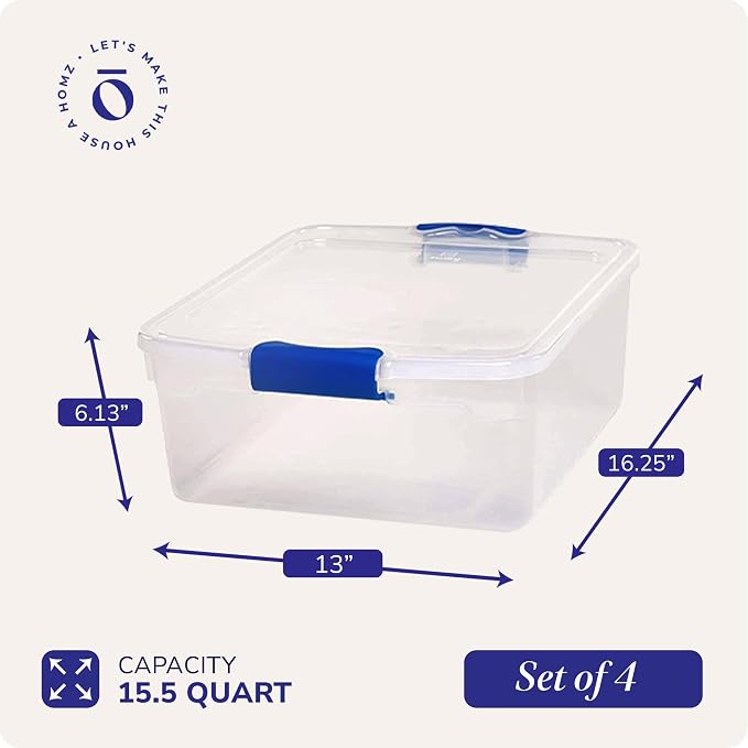HOMZ Clear Plastic Storage Bins with Latching Lid, 15.5 Qt, Blue, 4 Pack | Stackable Container Set for Home, Office Shelves, Kitchen, Garage, and Bathroom Organization - Image 5