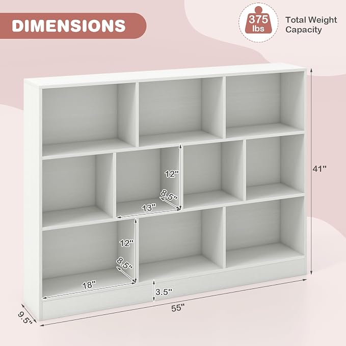 HONEY JOY Kids Toy Storage Organizer, 10-Section Wooden Floor Storage Cabinet, 41” Daycare Toy Chest, 3-Tier Kids Display Bookshelf for Classroom, Playroom & Nursery, Kindergarten (White) - Image 3