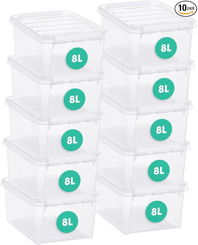 SmartStore Classic 10 Clear Plastic Storage Boxes, 8L/8.5QT BPA-Free Stackable and Nestable Container with Secure Lid, Swedish Made Plastic Bins for Organization, L13.39 x W9.84 x H6.3-10 Pack by SmartStore