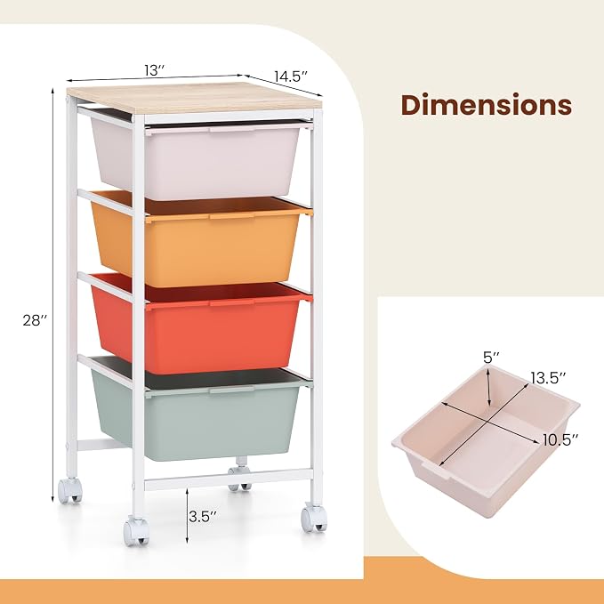 Giantex Rolling Storage Cart with 4 Drawers, Utility Cart w/Wooden Tabletop, Lockable Wheels, Multipurpose Organizer for Art Craft Scrapbook Paper, Drawer Carts for Dorm Classroom Office, Macaron - Image 3