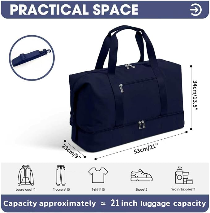 Oeihuivt Weekender Bags for Women - 21 Inch Large Travel Duffel Bag Set with Shoe Compartment, Heavy-Duty nylon Carry On Overnight Tote Blue - Image 3