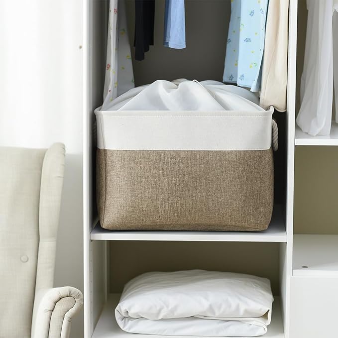Organization Basket - 20x16x14 inch Jumbo 3 Pack Collapsible Storage Bins for Shelves, Fabric Storage Cubes for Closet Organizer Gift Toy (White & Khaki) - Image 2