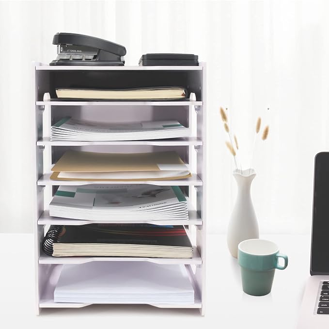 SONGWAY File Organizer for Desk - 7 Tier Document Holder with Removable Shelves, Letter Mail Rack, File Sorter Organizer, A4 Paper Storage Holder, Desktop Organizer for Home Office School, White - Image 5