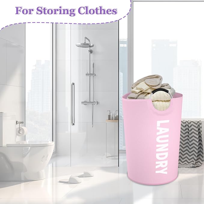 125L Pink Laundry Basket, Extra Large Clothes Basket with Handles, Waterproof Dirty Clothes Hamper, Collapsible Laundry Bin Stand Upright, Sturdy Storage Basket for Bathroom, Flat, Pink - Image 8