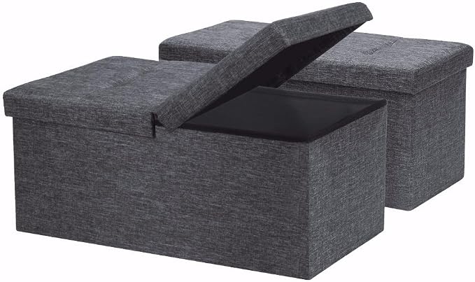 Otto & Ben [2pc Set] Folding Toy Box Chest with SMART LIFT Top Linen Fabric Ottomans Bench Foot Rest for Bedroom and Living Room, Dark Grey by OttoBen