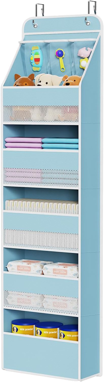 Univivi Fabric Over Door Hanging Organizer for Baby Nursery, Blue, 6-Shelf | Door Storage with Large Capacity Breathable Mesh Pockets, Over the Door Baby Organizer for Baby Essential, Bedroom, and Dorm by Univivi