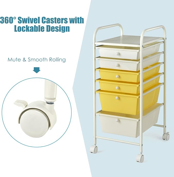 Giantex 6 Storage Drawer Cart Rolling Organizer Cart for Tools Scrapbook Paper Home Office School Multipurpose Mobile Utility Cart (Beige & Yellow) - Image 5