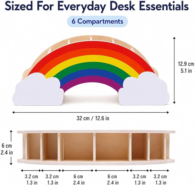 Exerz Rainbow Pencil Holder Desk Organizer with 50 Star Stickers for Kids | Pressed Wood 6 Compartments No Assembly for Pens Markers Brushes Rulers Study Craft Ideal for - Image 2