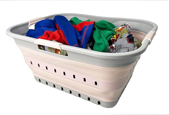 SAMMART 42 (11 Gallons) Collapsible Plastic Laundry Basket, Foldable Pop Up Storage Container/Organizer, Space Saving Hamper, Portable Bin for Dorm Room Bathroom (1, Grey/Pink) by SAMMART