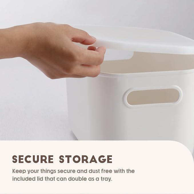 8 Pieces White Plastic Storage Bins with Lids, Stackable Storage baskets with Handle Containers Box for Shelves Drawers Desktop Playroom Classroom Office Organization(7.3 x 10.2 x 6.5 Inches) - Image 5