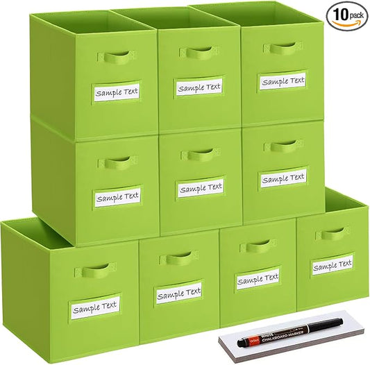 11x11 storage cube bins (Set of 10) Foldable Fabric storage cubes with 10 Labels Window Cards & a Pen,11 inch cube storage bin,Closet Organizers for Shelves,Cubby Organizer Boxes,lime green by Artsdi