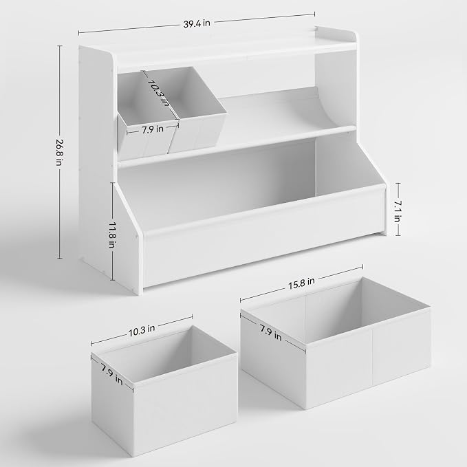 FOUCSSOMEI Extra Large Toy Storage Organizer for Kids, Wooden Toy Organizer and Storage with Bookshelf, 3 Removable Bins and Large Storage Bin, Toy Shelf for Playroom, White, Patent Design - Image 2