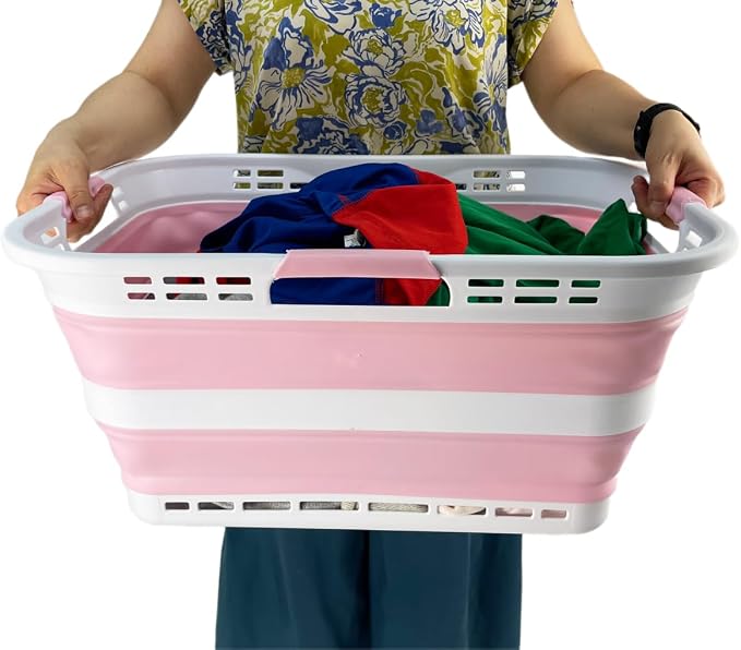 SAMMART Set of 2 Collapsible Plastic Storage Basket - Foldable Pop Up Storage Container - Portable Laundry Organizer - Space Saving Hamper (White/Cherry Pink, 42L (Style A)) - Image 8