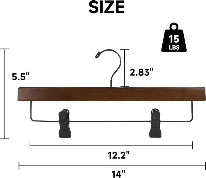 14" Wood Pants Hangers with Adjustable Non-Slip Clips, Walnut, 12-Pack | Solid Wood Material, Bottom Hangers with 360° Swivel Hook, Space Saving Hangers for Skirts, Slacks, Trousers, Jeans - Image 2