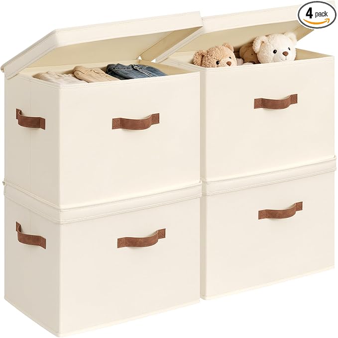 CHICVITA 4-Pack Large Fabric Storage Bins with Lids for Shelves, Ivory | 17.1" x 11.2" x 11.6" Decorative Storage Boxes with Handles for Clothes Fit Closet, Toy Box with Support Plate for Playroom by CHICVITA
