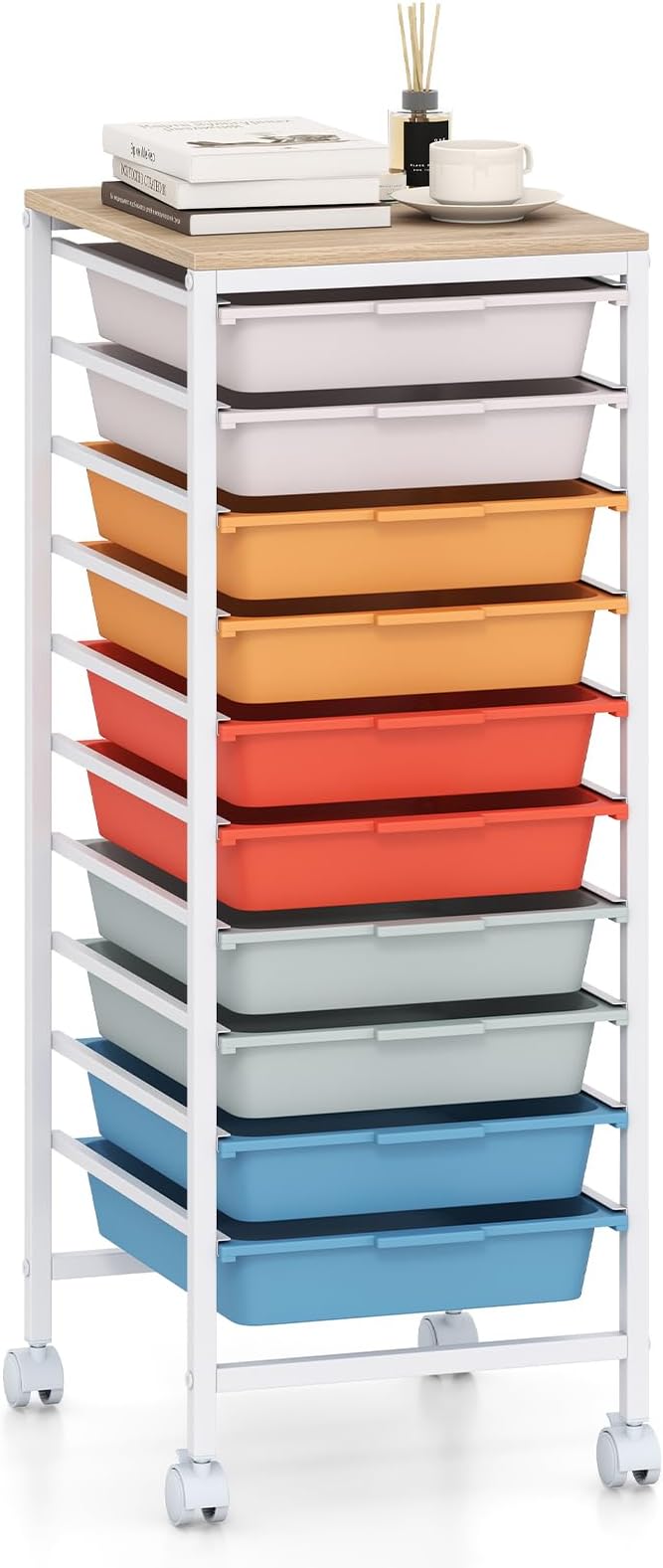 GOFLAME 10-Drawer Rolling Storage Cart, Craft Storage Cart with Wooden Tabletop and Lockable Wheels, Art Cart Supply Storage Organizer with Metal Frame for Home Office Classroom, Macaron Color by GOFLAME
