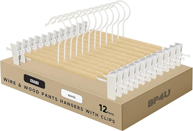 Wire Pants Hangers with Adjustable Clips, White, 12-Pack | Wooden Skirt Hangers, Non-Slip Clamp Bottom, for Trousers, Jeans, Shorts & Clothing Organization by BP4U%E2%84%A2