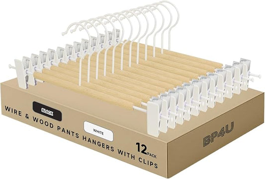 Wire Pants Hangers with Adjustable Clips, White, 12-Pack | Wooden Skirt Hangers, Non-Slip Clamp Bottom, for Trousers, Jeans, Shorts & Clothing Organization by BP4U%E2%84%A2