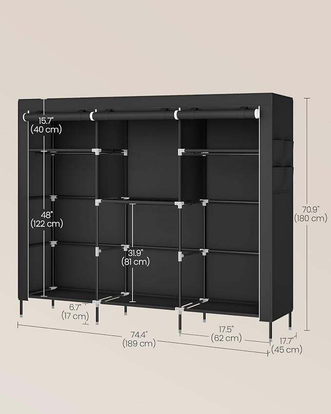 SONGMICS Portable Closet, Fabric Wardrobe, Clothes Rack with Shelves, Pockets, Large Capacity, 4 Hanging Rods, 74.4 x 17.7 x 70.9 Inches, Black URYG011BZ02 - Image 6
