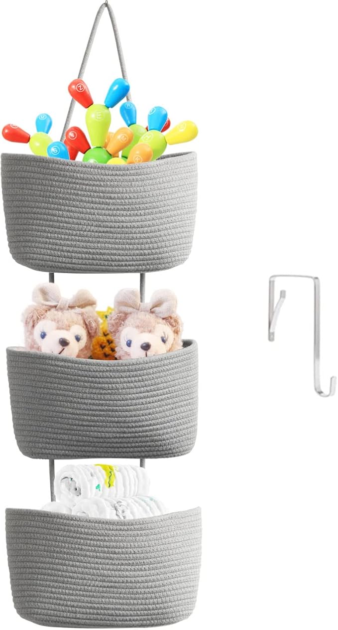 TeoKJ Over the Door Hanging Basket, 3-Tier Woven Cotton Wall-Mounted Storage Organizer Bag Decorative Hanging Nursery Baskets, Gray by TeoKJ