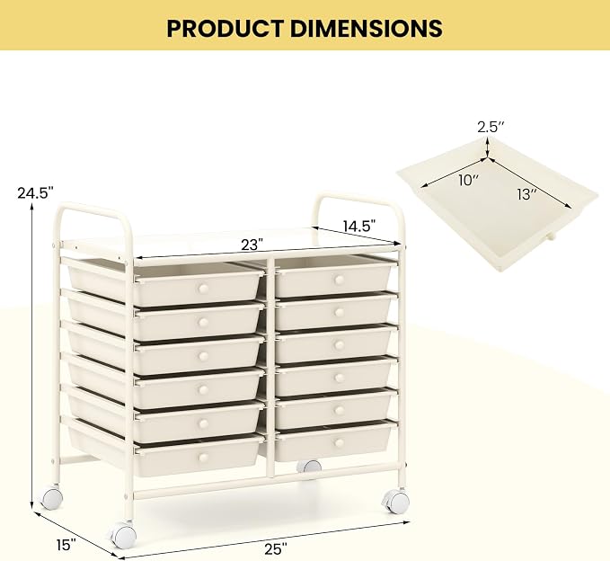 Giantex 12 Drawers Rolling Cart, Mobile Storage Drawer Cart, Classroom Organizer Cart for Office School Supplies Tools Scrapbook Paper Craft Small Printer, Utility Cart on Wheels, White - Image 3