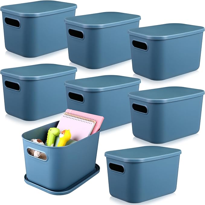 8 Pack Storage Bins, 16.1 X 12.0 X 9.7 Inch Blue | Plastic Stackable Containers with Lid Handle, For Shelves Desktop Playroom Office, Organizing Toys Books Supplies Storage by Hoolerry