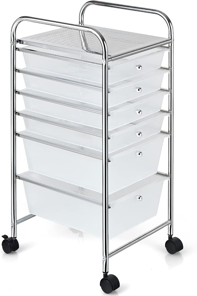 Giantex 6 Storage Drawer Cart Rolling Organizer Cart for Tools Scrapbook Paper Home Office School Multipurpose Mobile Utility Cart (Clear White) - Image 9