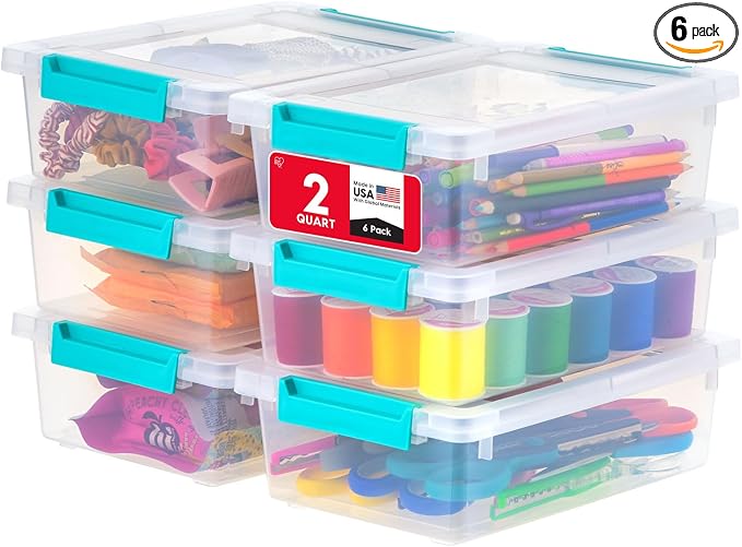 IRIS USA Storage Bins with Lids |Made in USA| 2 Qt - (6-Pack) - Clear | Sensory Craft Organizers, Plastic Clip Box Totes, Flat Containers for Organizing Paper, Office, Art & Study Supplies by IRISUSA